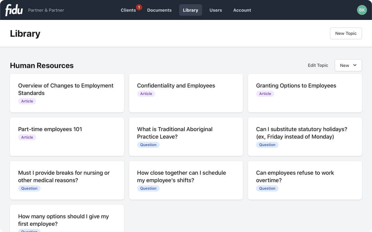 Lawyer view of Fidu Knowledge Base